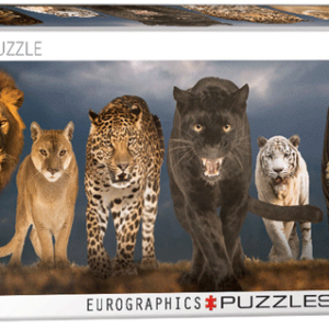 puzzle rompecabezas eurographics 1000 piezas panoramico grandes felinos leon, puma, jaguar, leopardo, pantera, leopardo de las nieves, gepardo