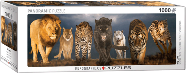 puzzle rompecabezas eurographics 1000 piezas panoramico grandes felinos leon, puma, jaguar, leopardo, pantera, leopardo de las nieves, gepardo